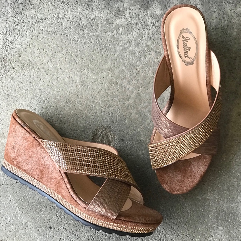 5 7 Italina Brown Bronze Embellished Sandal Wedge